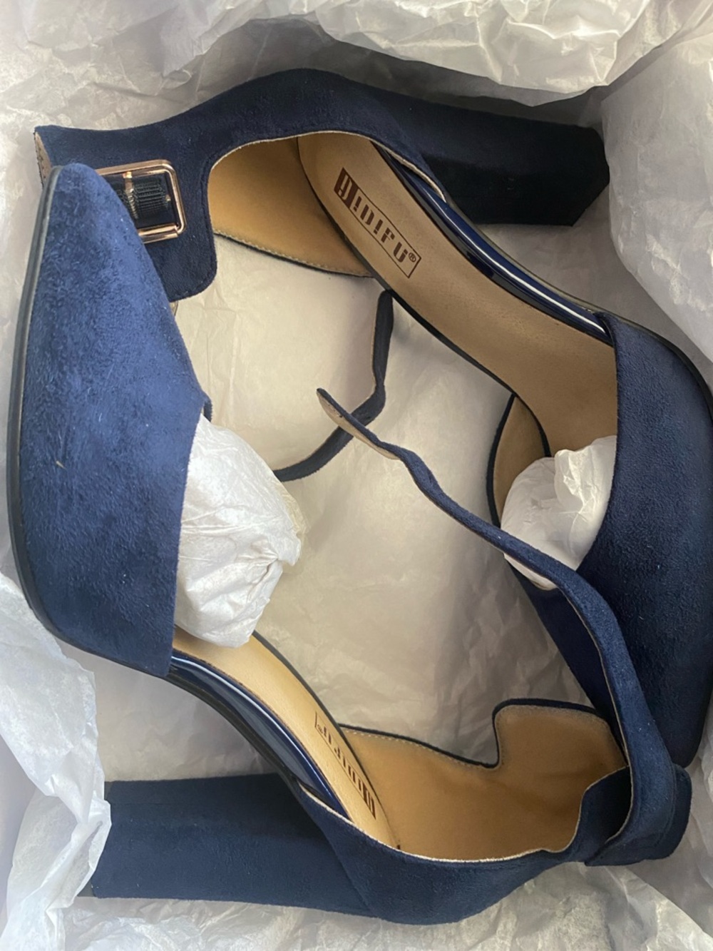 IDIFU Navy Suede Block Heel Sandals with Ankle Strap